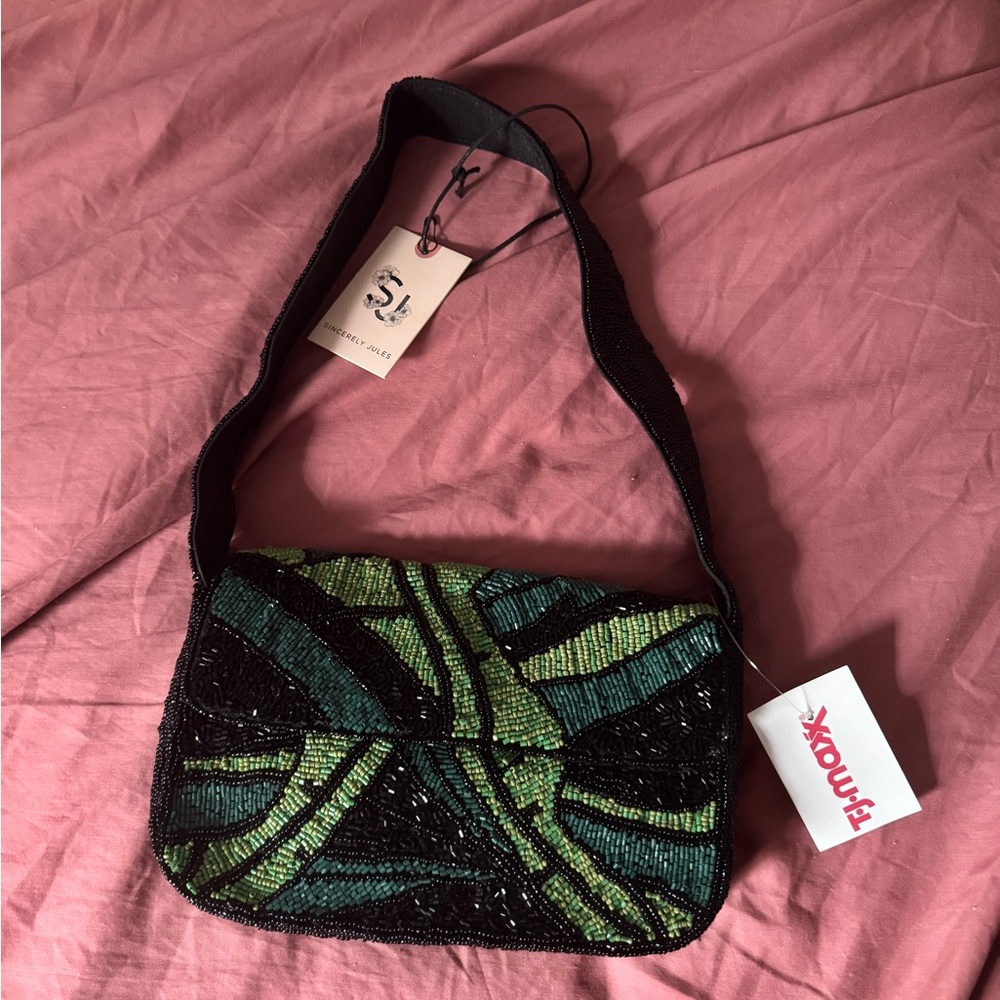 Stylish Black and Green Beaded Women's Bag